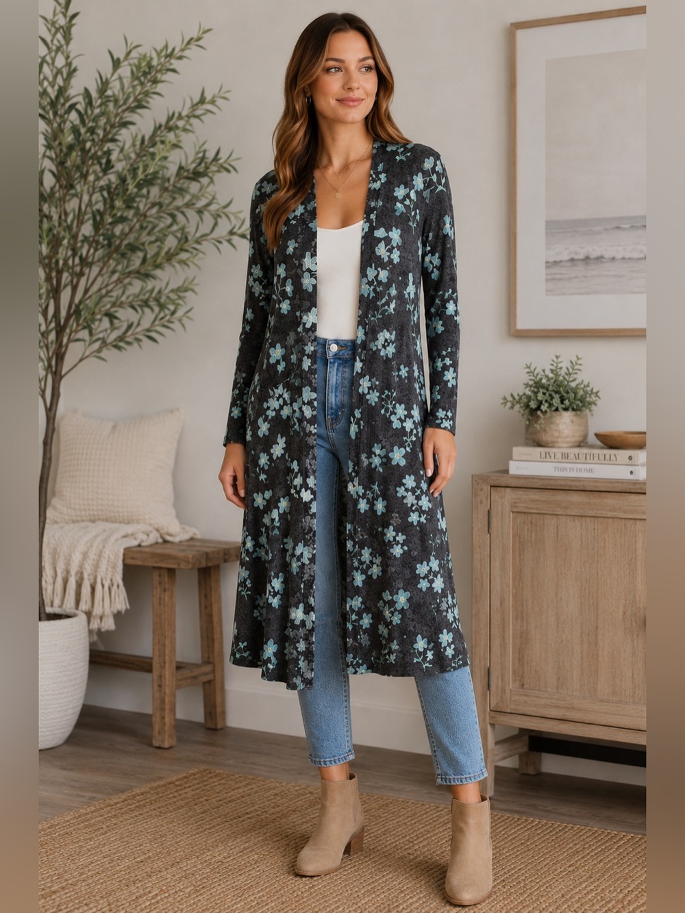 Lularoe Sarah Floral Duster Cardigan M Blue Gray Open Front Ribbed Boho Cottage